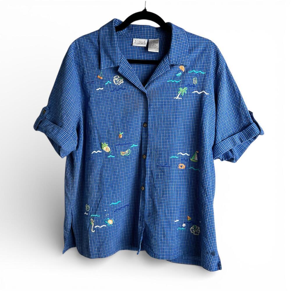 Vintage Blue Checkered Beach Motif Embroidered Button-Up Shirt